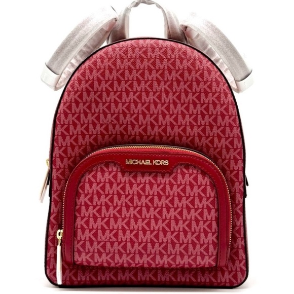 Michael Kors Handbags - Michael Kors Jaycee Medium Signature Logo Backpack Cherry